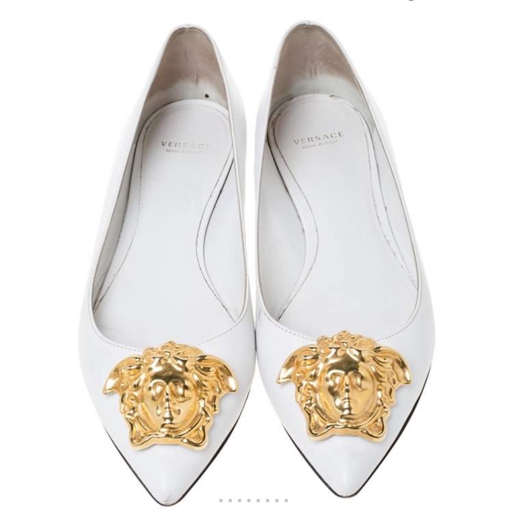 Versace White Leather Pointed Toe Flats with Gold Medusa Plaque